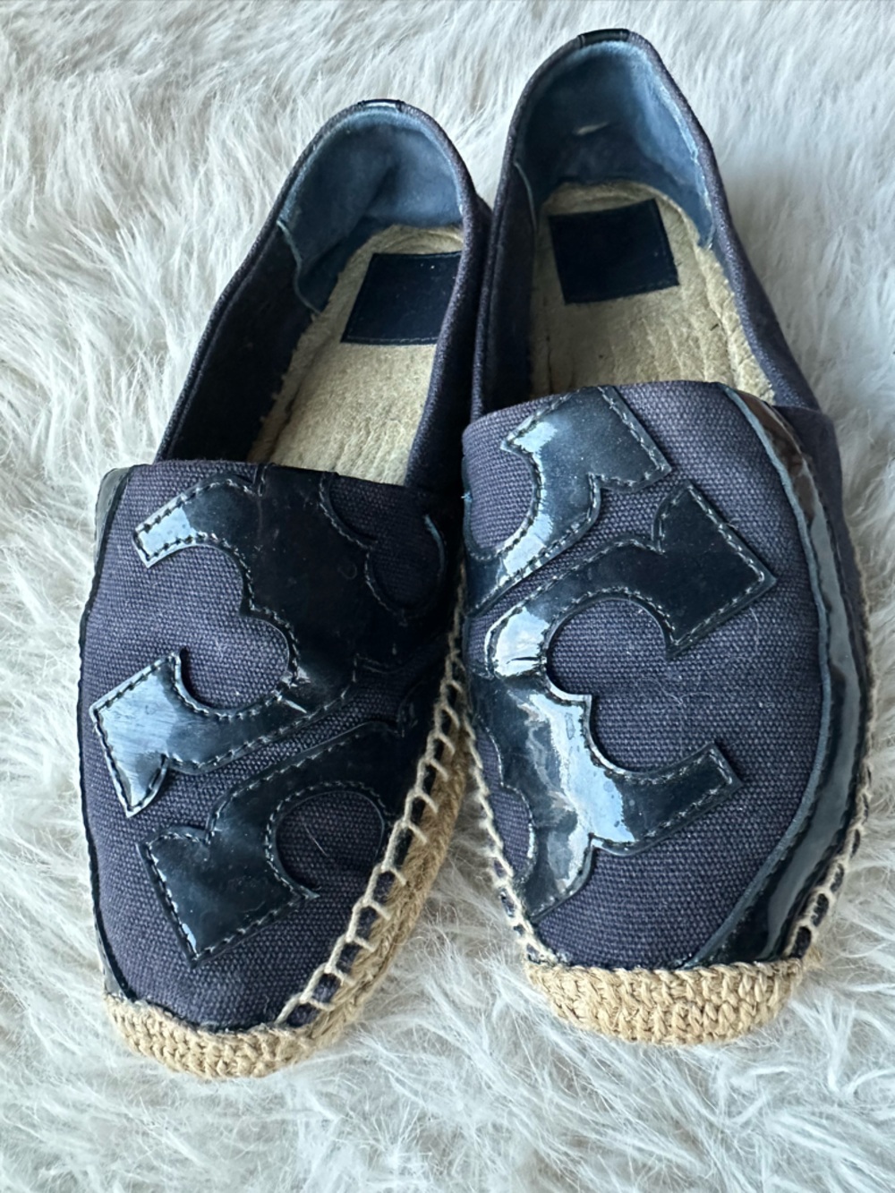 Tory Burch Navy canvas and patent  Espadrille Slip-On Flats double T logo size 8